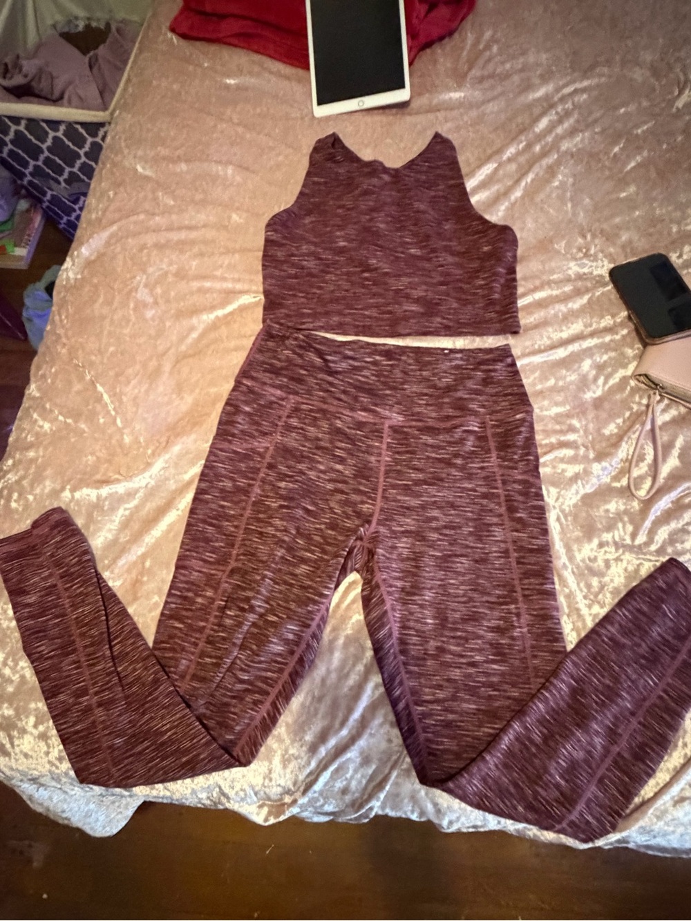 Maurices Marled Burgundy Active Leggings and Crop Tank Set